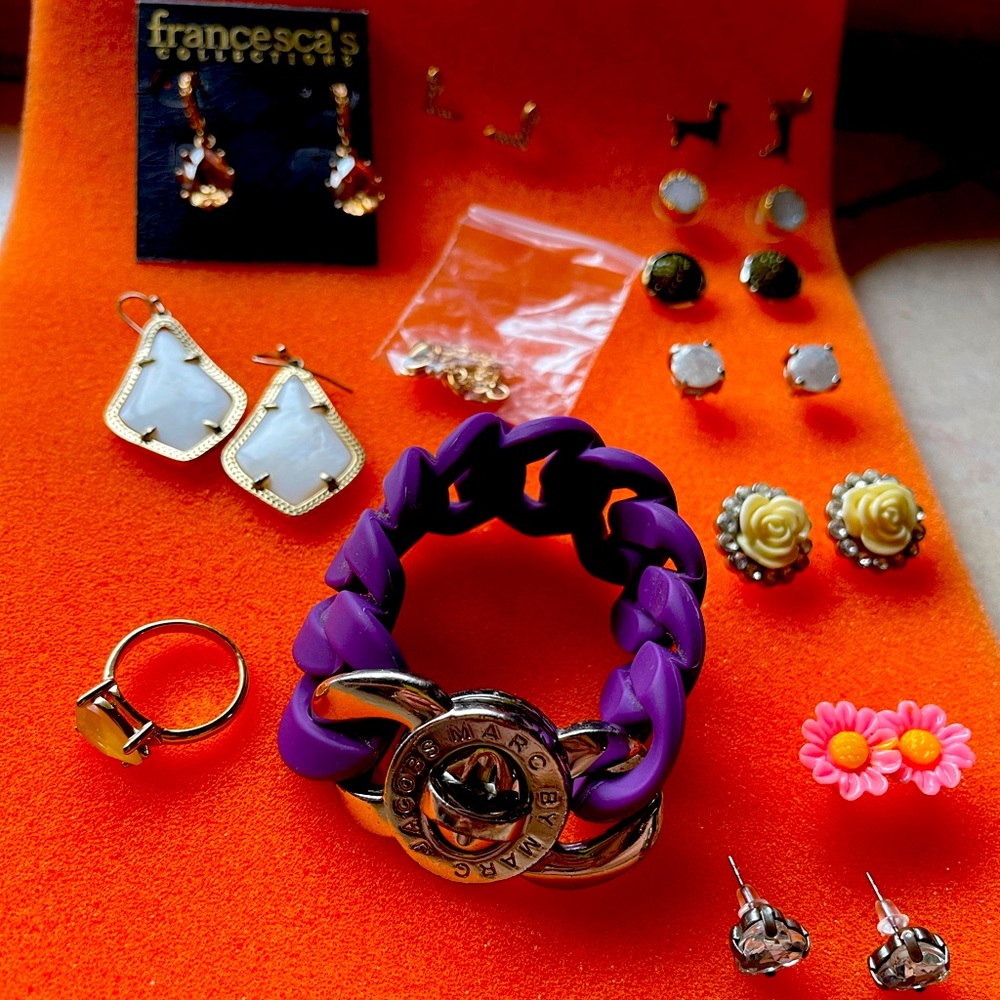 Jewelry bag over 13 items/ some designer’s including Kendra Scott & Marc Jacobs